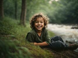 ai generado niño se ríe sentado en naturaleza, bosque, río, emociones, Rizado niño, chico foto