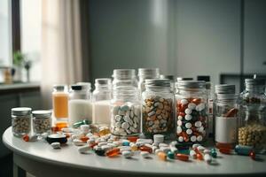 AI generated many pills and various medicines in the room on a round table, the room is light white photo