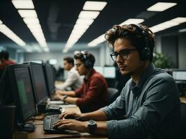 ai generado programadores en el oficina trabajando a su ordenadores foto