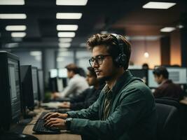 ai generado programadores en el oficina trabajando a su ordenadores foto