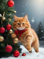 ai generado rojo gato saltando en el Navidad árbol, juguetón rojo gato, nuevo años estado animico foto