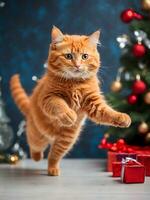 ai generado rojo gato saltando en el Navidad árbol, juguetón rojo gato, nuevo años estado animico foto