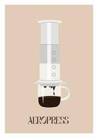 Trendy minimalist poster with aeropress and hot freshly brewed speciality coffee in a cup. Contemporary simple print with craft coffee maker. Alternative coffee brewing methods. Vector illustration.