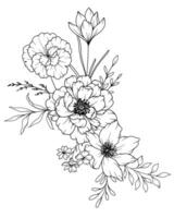 Spring Flowers Line Drawing. Black and white Floral Bouquets. Flower Coloring Page. Floral Line Art. Fine Line Flowers illustration. Hand Drawn flowers. Botanical Coloring. Wedding invitation flowers vector