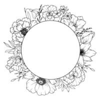 Spring Flowers Line Drawing. Black and white Floral Frames. Floral Line Art. Fine Line Flowers illustration. Hand Drawn Outline flowers. Botanical Coloring Page. Wedding invitation flowers vector