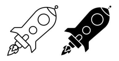 Flying space rocket icon. Flights to Mars,  Moon and planets of solar system. Technologies for space exploration. Simple black and white vector