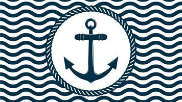anchor ship inside ring of thick rope against background of seamless pattern with sea waves. Emblem with anchor in separate layer. Vector