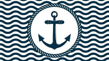 anchor ship inside ring of thick rope against background of seamless pattern with sea waves. Emblem with anchor in separate layer. Vector