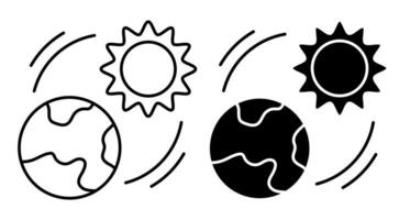 Sun shines on planet Earth linear icon. Changing seasons on planet. Global warming. Increase in ambient temperature. Simple black and white vector