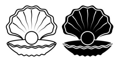 sea shining pearl icon and in open shell. Treasure of sea and ocean. Simple black and white vector