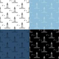 set of seamless patterns with Marine coastal lighthouse. Safe route in shipping area. Ornament for decoration and printing on fabric. Design element. Vector