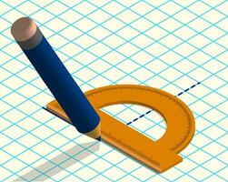 pencil draws lines on sheet of notebook paper with protractor. Plotting corners on geometry. Realistic 3D vector in isometric