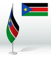 South Sudan flag on flagpole for registration of solemn event, meeting foreign guests. National independence day of South Sudan. Realistic 3D vector on white