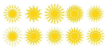 stylized yellow summer sun. Set of sun icons with different shapes of rays. Simple vector