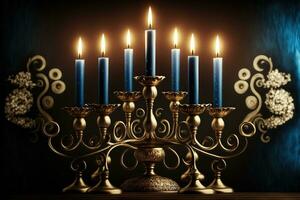 ai generado un azul Menorah con cinco velas en eso foto