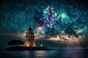 AI generated fireworks over a lighthouse in the night sky photo