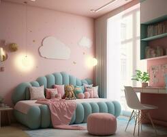 AI generated a pink and blue room with a bed, desk and bookshelves photo