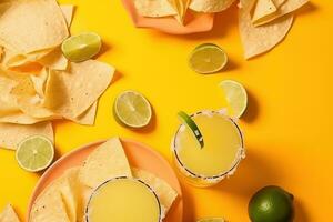 AI generated mexican food with chips and margarita on yellow background photo