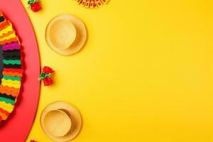 AI generated mexican holiday background with colorful hats and flowers photo