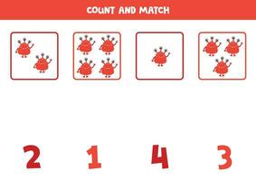 Counting game for kids. Count all red monsters and match with numbers. Worksheet for children. vector