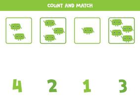 Counting game for kids. Count all green monsters and match with numbers. Worksheet for children. vector