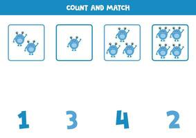 Counting game for kids. Count all blue monsters and match with numbers. Worksheet for children. vector