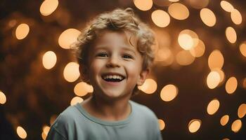 ai generado retrato de un sonriente pequeño chico en el antecedentes de Navidad luces foto