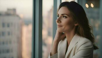 AI generated Portrait of a beautiful woman in a business suit standing near the window photo