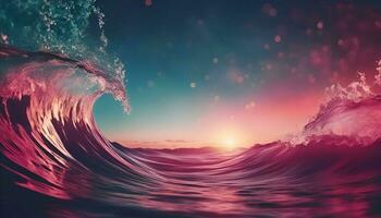 AI generated Surfing ocean wave at sunset. 3d render illustration background. photo