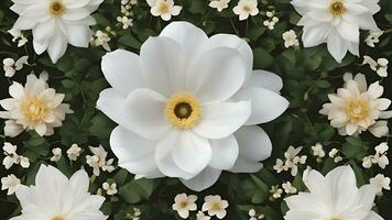 AI generated White flowers with green leaves and white petals. 3d rendering photo