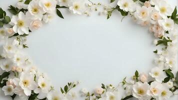 AI generated Frame made of beautiful flowers on white background. flat lay. Space for text photo