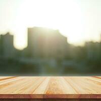 Wooden table top on nature background - can be used for montage or free display of your products photo