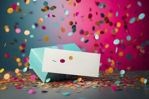 AI generated Invitation mockup on the background of colored confetti. AI generated photo