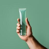 AI generated A tube of care product in hand of man on green background. AI generated photo