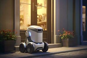 AI generated Delivery robot at the doorstep. AI generated photo