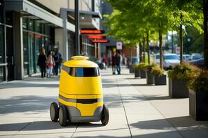 AI generated Delivery robot is driving down city street. Autonomous last mile delivery concept. AI generated photo