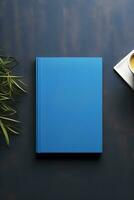 AI generated Mock up of a blue note book on the table. Minimalism. AI generated photo