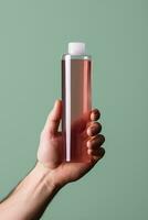 AI generated Mockup of care product bottle in hand of man on green background. AI generated photo