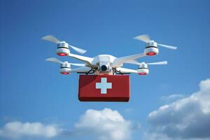 AI generated Quadrocopter medicine delivery in the sky. Drone robot concept. AI generated photo
