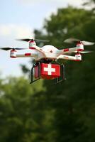 AI generated Quadrocopter medicine delivery in the sky. Drone robot concept. AI generated photo