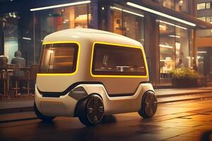 AI generated Delivery robot is driving down city street. Autonomous last mile delivery concept. AI generated photo