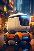 AI generated Delivery robot is driving down city street. Autonomous last mile delivery concept. AI generated photo