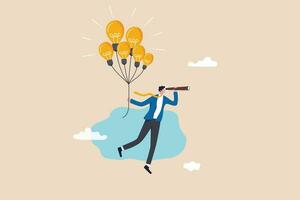 Business ideas, creativity or innovation to searching for new success, finding solution or imagination, visionary or new opportunity concept, businessman flying with lightbulb balloons and telescope. vector