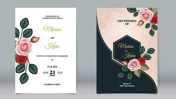 Luxury wedding invitation red and pink roses dark polygon elements decorate with watercolor background vector