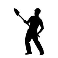 Silhouette of a worker carrying shovel tool. Silhouette of a worker in action pose using shovel tool. vector