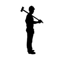 Silhouette of a worker in action pose using his sledge hammer tool. vector