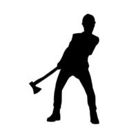 Silhouette of a worker in action pose using his axe tool. vector