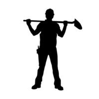 Silhouette of a worker carrying shovel tool. Silhouette of a worker in action pose using shovel tool. vector