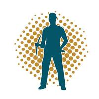 Silhouette of a man in worker costume carrying pick axe tool in action pose. vector