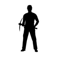 Silhouette of a man in worker costume carrying pick axe tool in action pose. vector